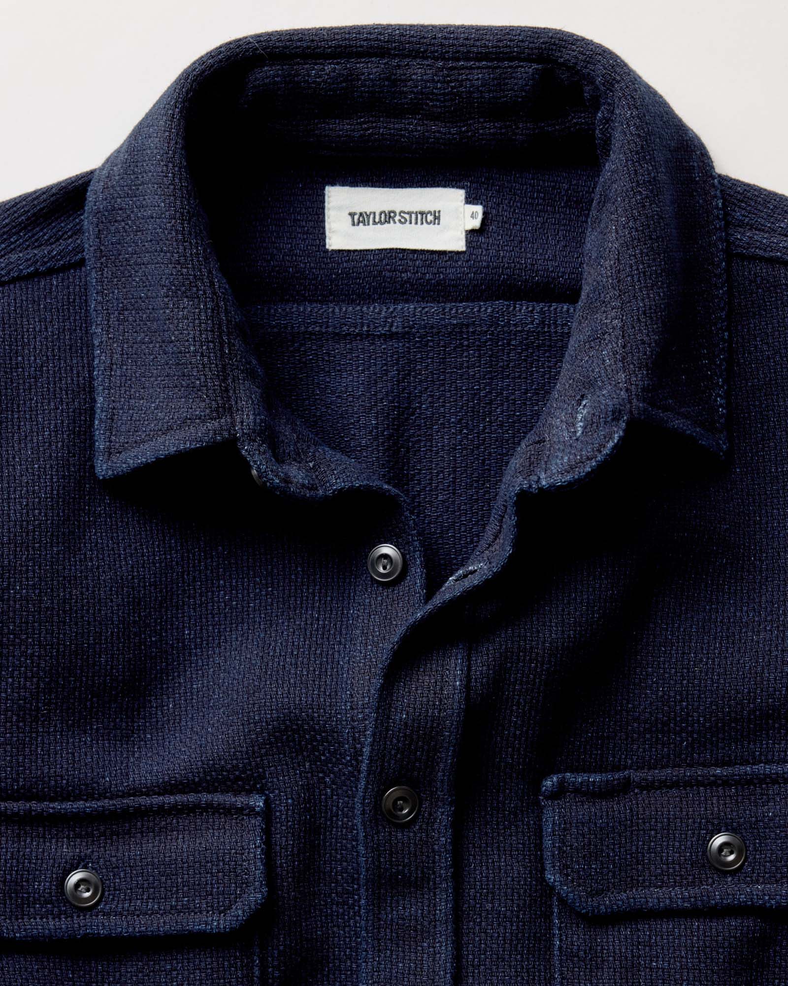 material shot of the collar on The Division Shirt in Rinsed Indigo, Wovens by Taylor Stitch