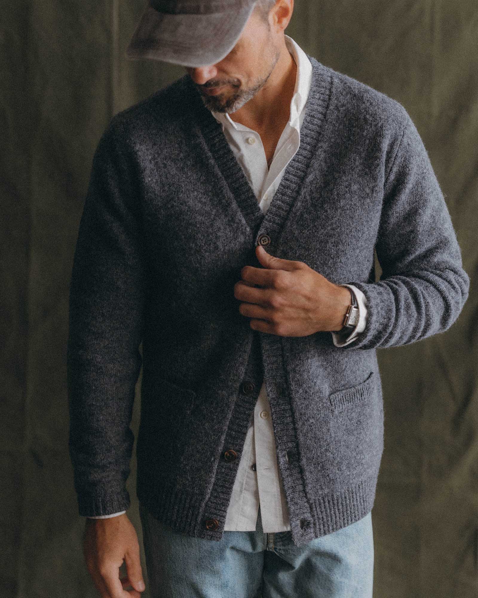fit model posing in The Eastmoor Cardigan in Heather Graphite Wool, Knits by Taylor Stitch