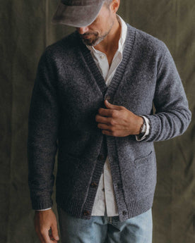 fit model posing in The Eastmoor Cardigan in Heather Graphite Wool, Knits by Taylor Stitch