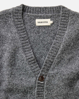 material shot of the collar on The Eastmoor Cardigan in Heather Graphite Wool, Knits by Taylor Stitch