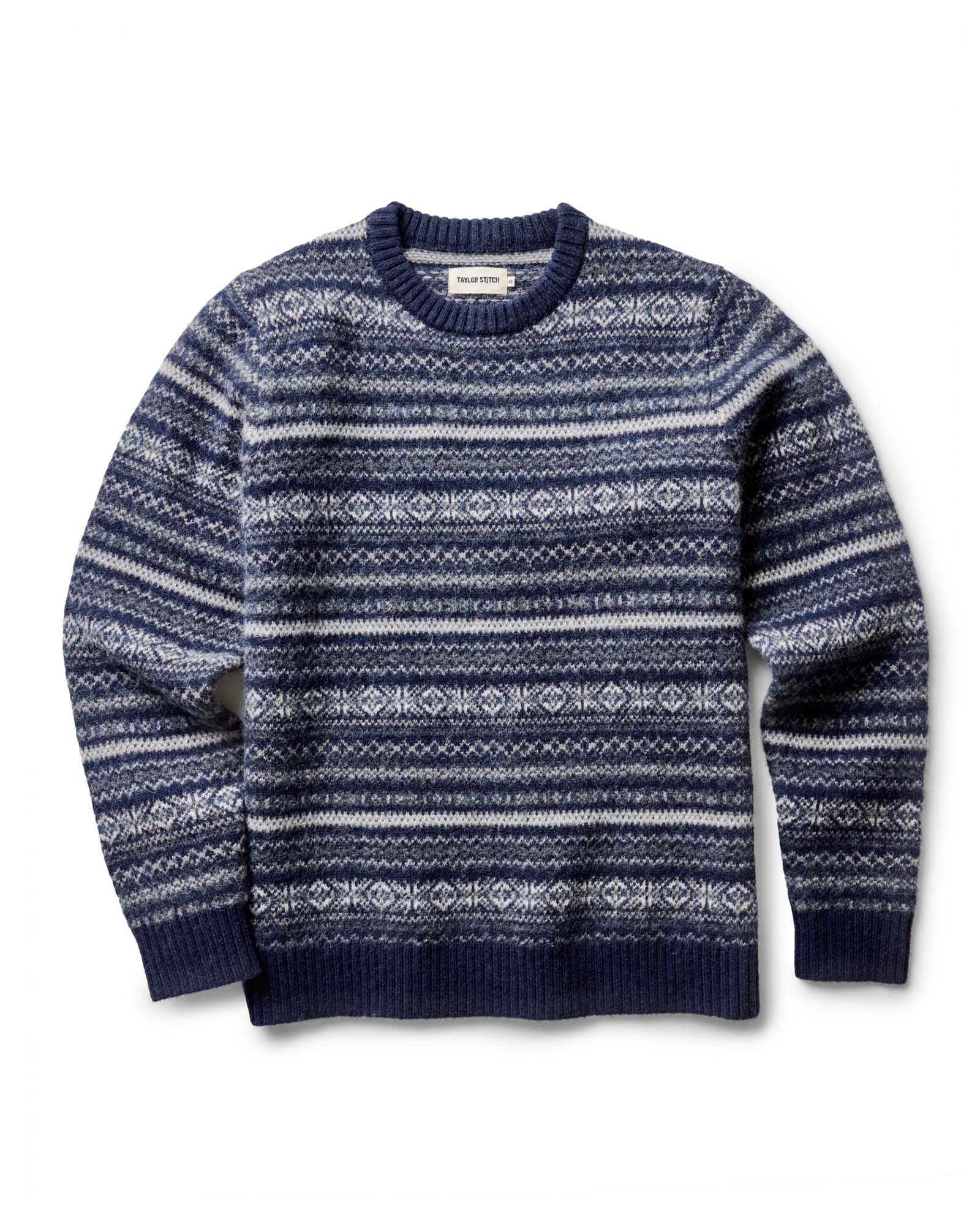 flatlay of The Eastmoor Sweater in Navy Fair Isle Wool, Knits by Taylor Stitch