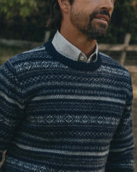 fit model showing off The Eastmoor Sweater in Navy Fair Isle Wool, Knits by Taylor Stitch