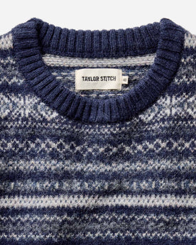 material shot of the collar on The Eastmoor Sweater in Navy Fair Isle Wool, Knits by Taylor Stitch