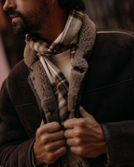 fit model wearing The Fireside Scarf in Butterscotch Plaid, Accessories by Taylor Stitch