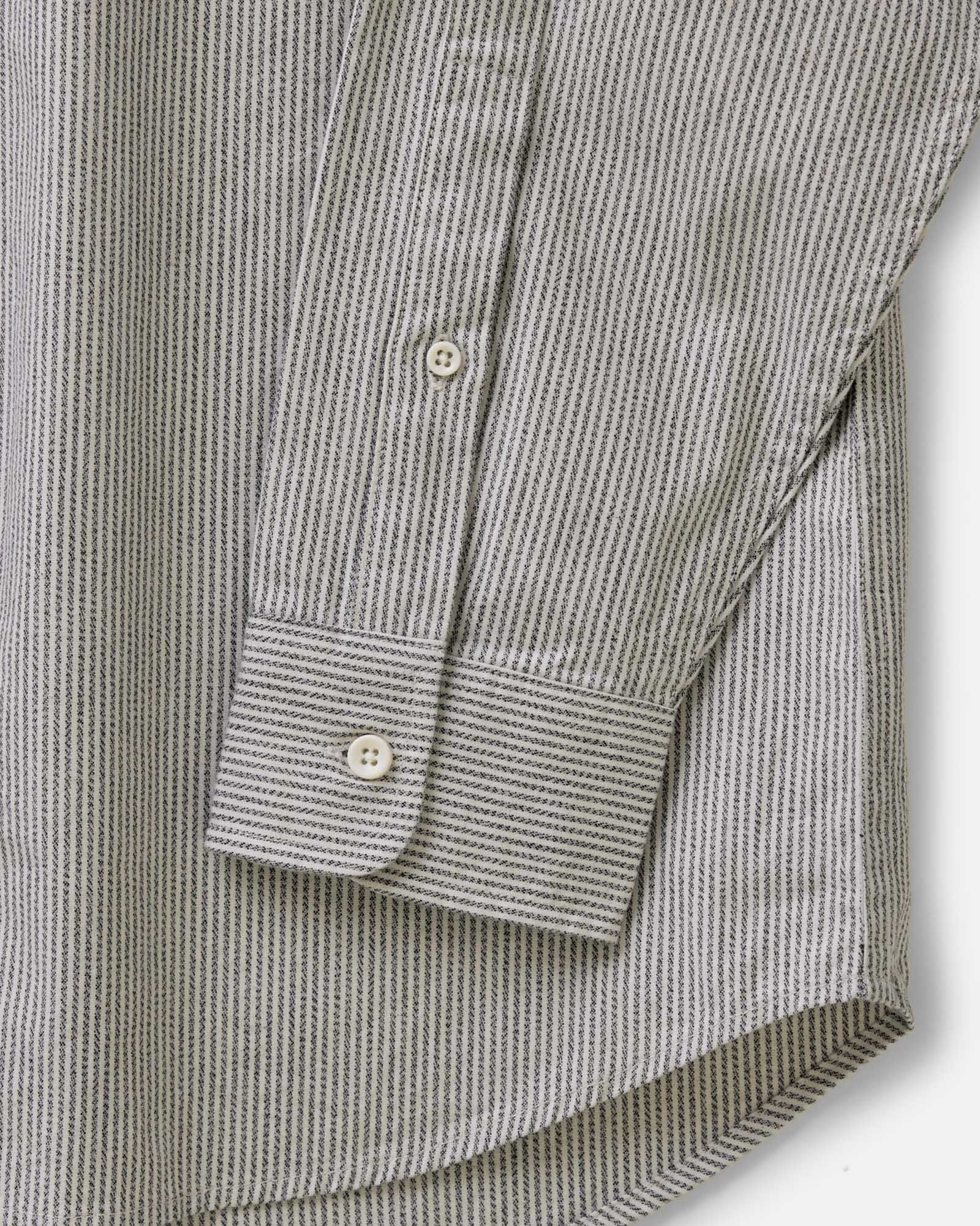 material shot of the sleeves on The Jack in Coal Jaspe University Stripe Oxford, Wovens by Taylor Stitch