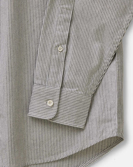 material shot of the sleeves on The Jack in Coal Jaspe University Stripe Oxford, Wovens by Taylor Stitch