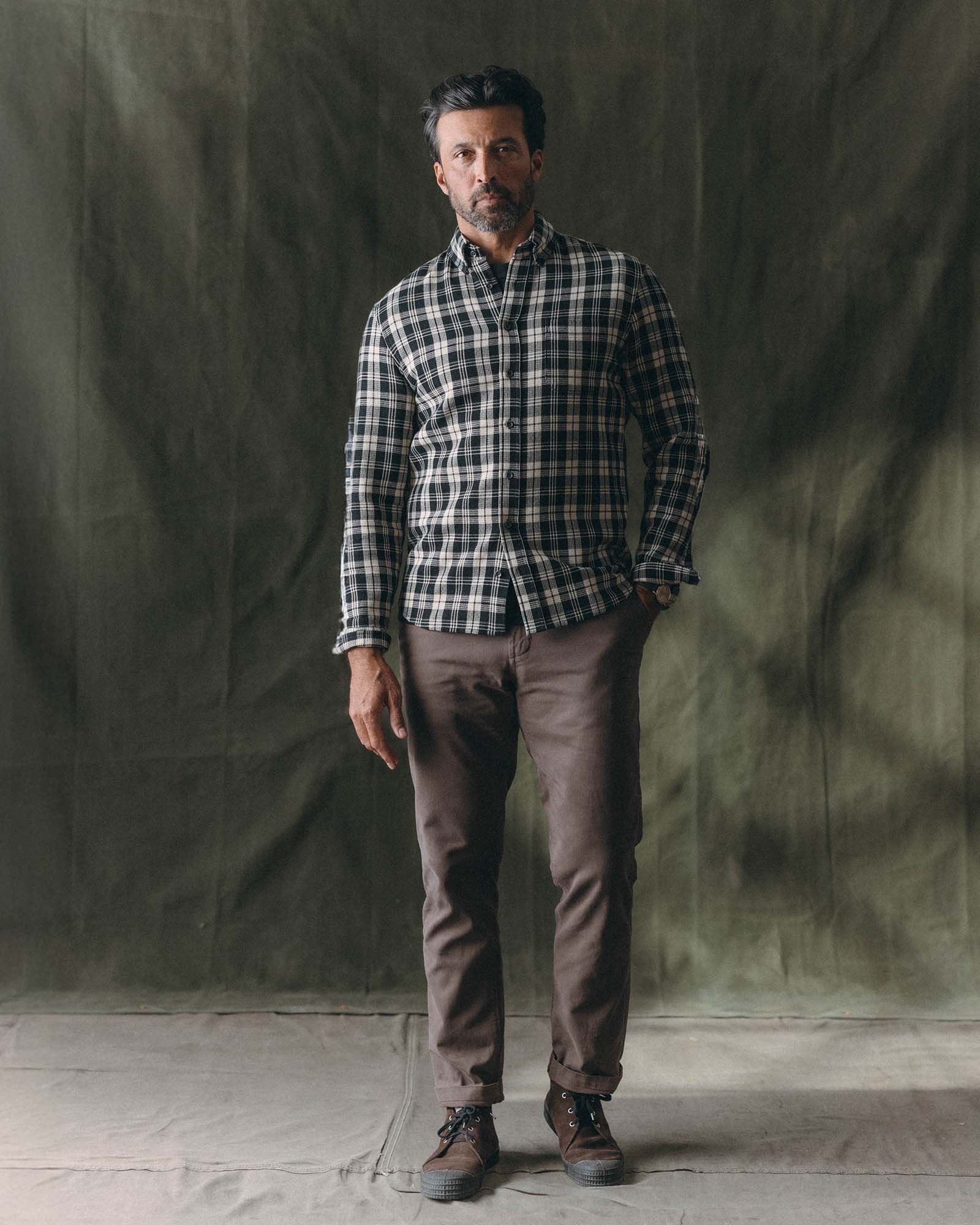 fit model posing in The Jack in Coal Plaid Waffle, Wovens by Taylor Stitch