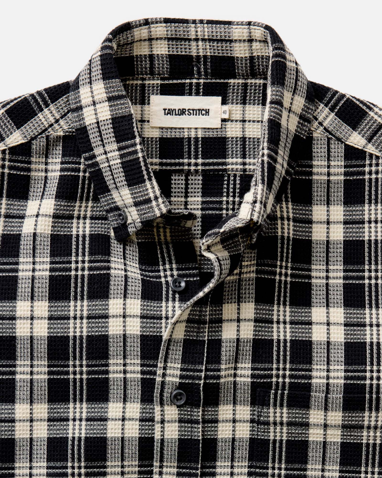 material shot of the collar on The Jack in Coal Plaid Waffle, Wovens by Taylor Stitch