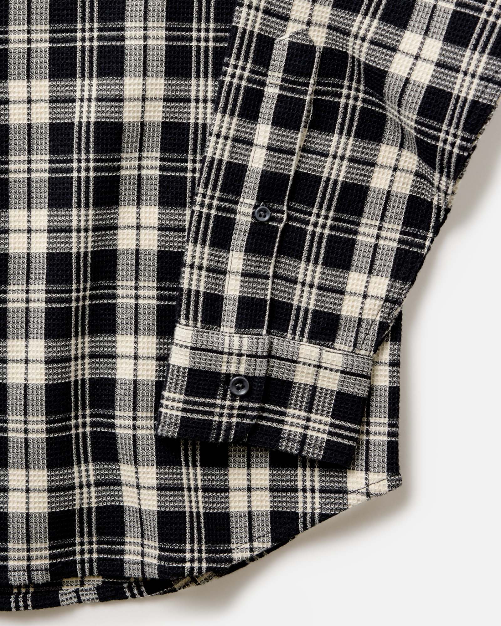 material shot of the sleeves on The Jack in Coal Plaid Waffle, Wovens by Taylor Stitch
