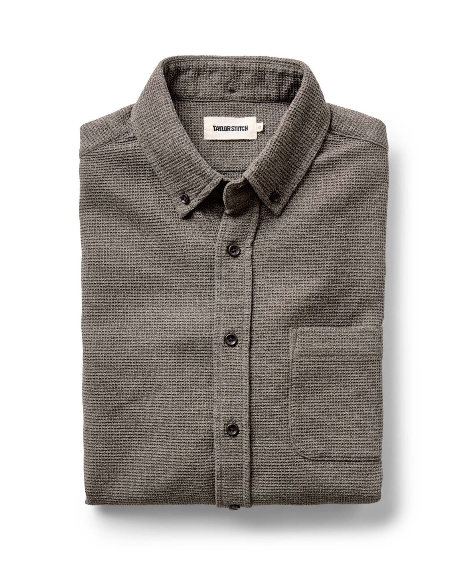 folded flatlay of The Jack in Fatigue Olive Waffle, Wovens by Taylor Stitch