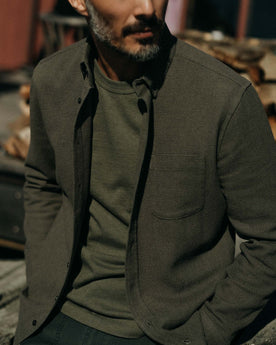 fit model posing in The Jack in Fatigue Olive Waffle, Wovens by Taylor Stitch