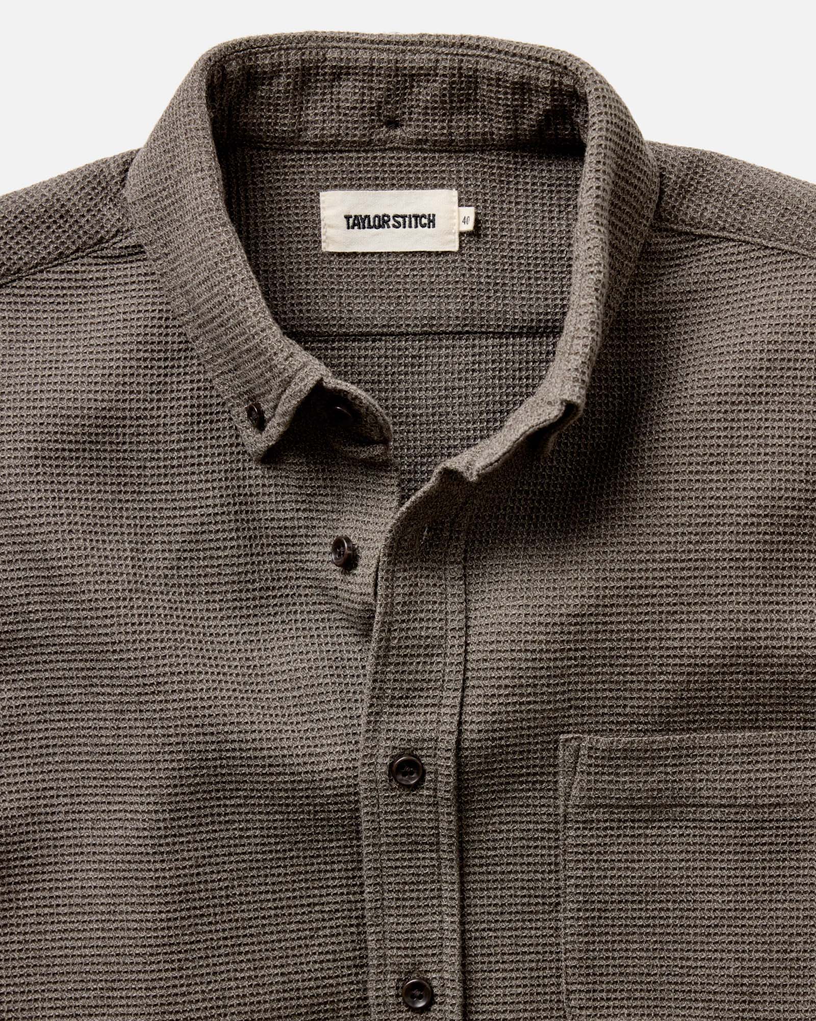 material shot of the collar on The Jack in Fatigue Olive Waffle, Wovens by Taylor Stitch