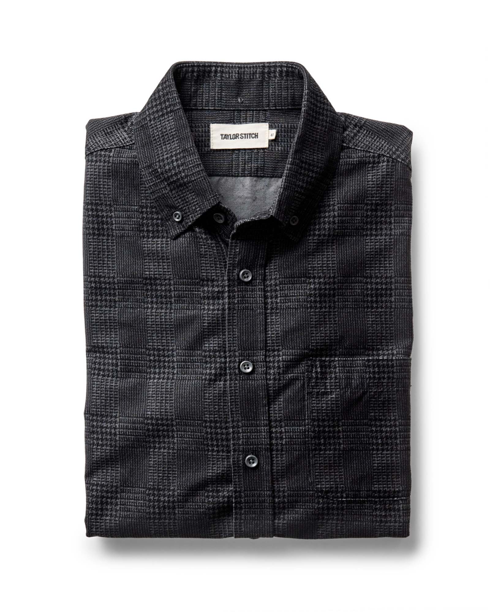 folded flaltay of The Jack in Heather Coal Check Pincord, Wovens by Taylor Stitch