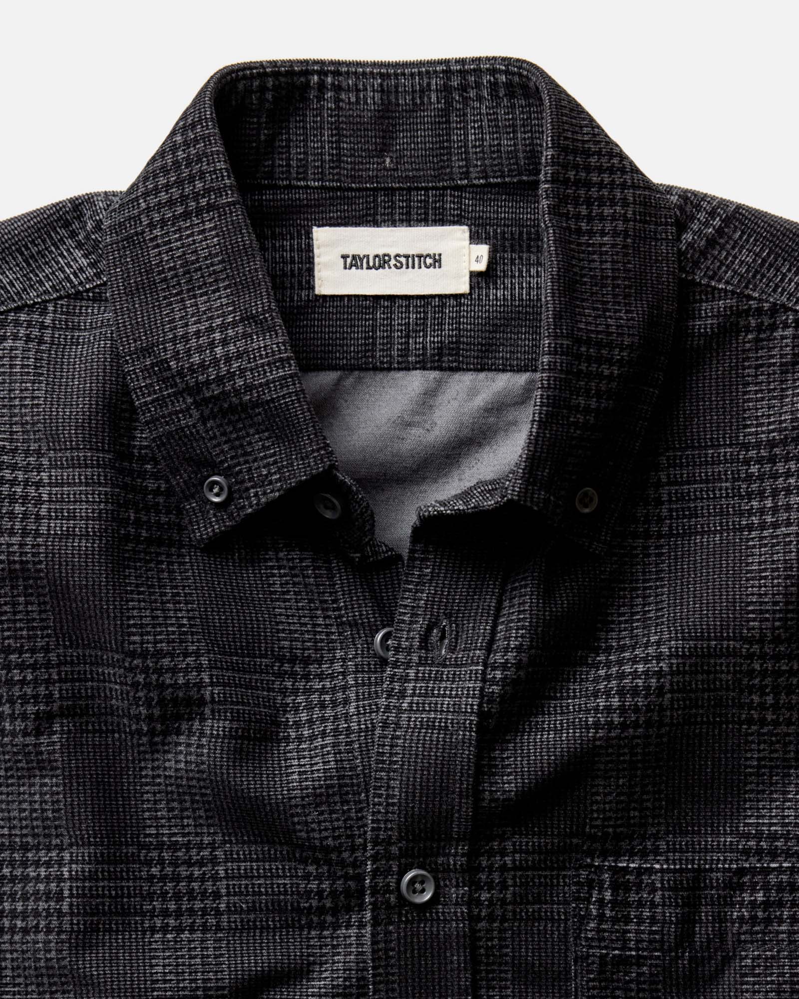 material shot of the collar on The Jack in Heather Coal Check Pincord, Wovens by Taylor Stitch