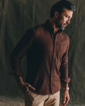 fit model posing in The Jack in Ginger Herringbone, Wovens by Taylor Stitch