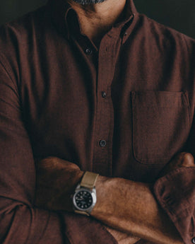 fit model showing off The Jack in Ginger Herringbone, Wovens by Taylor Stitch