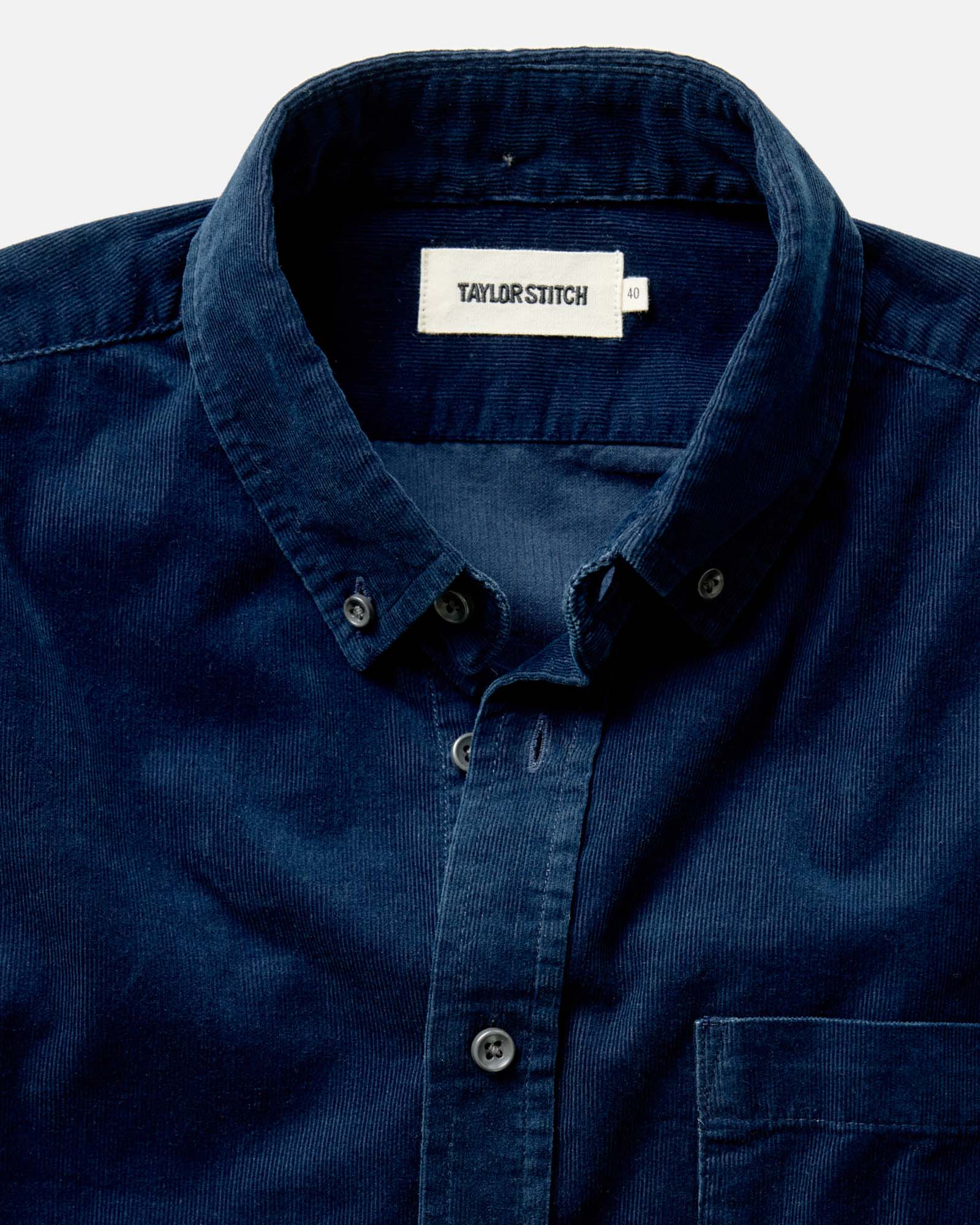 material shot of the collar on The Jack in Heather Rinsed Indigo Pincord, Wovens by Taylor Stitch