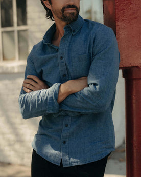 fit model posing in The Jack in Indigo Check Linen, Wovens by Taylor Stitch