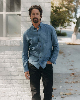 fit model showing off The Jack in Indigo Check Linen, Wovens by Taylor Stitch