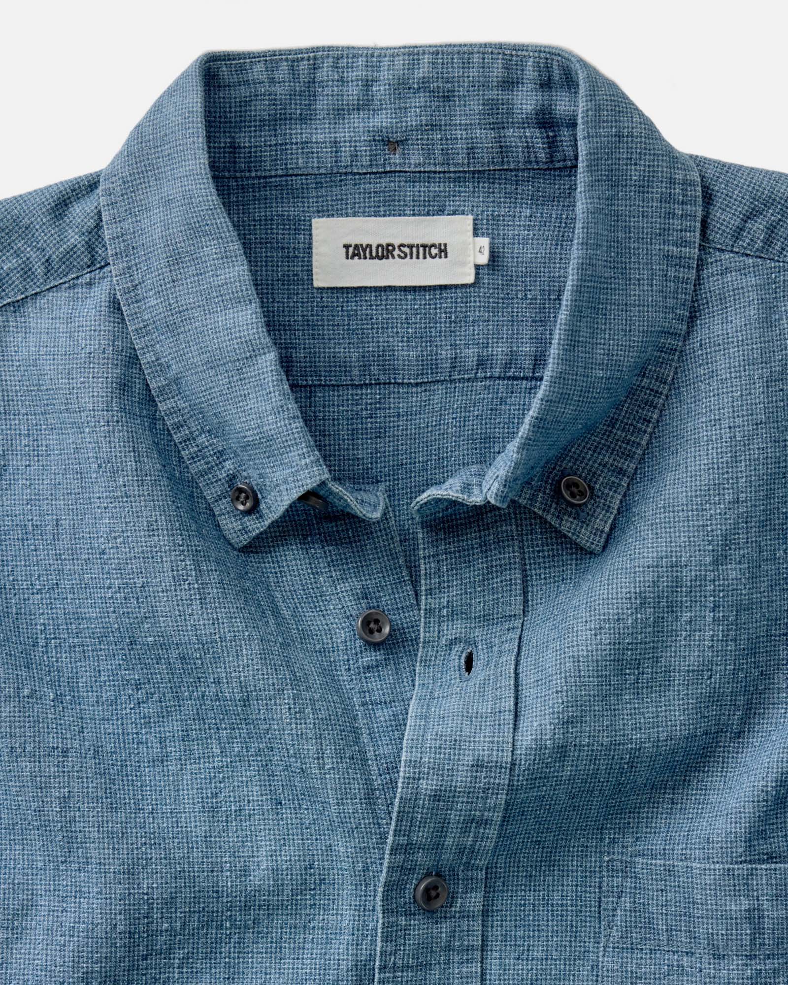 material shot of the collar on The Jack in Indigo Check Linen, Wovens by Taylor Stitch