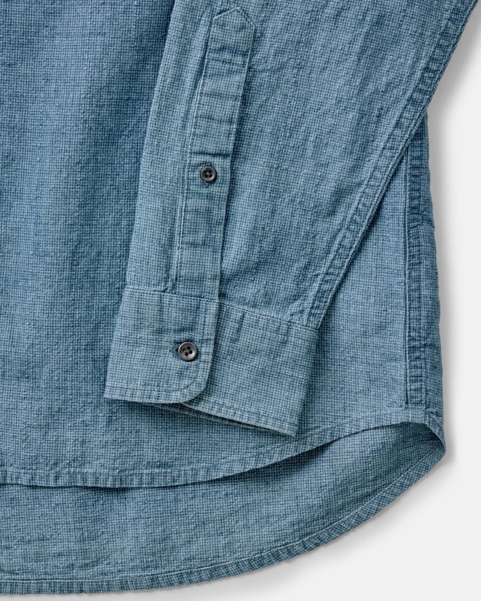 material shot of the sleeve on The Jack in Indigo Check Linen, Wovens by Taylor Stitch
