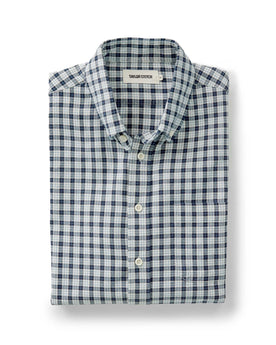 folded flatlay of The Jack in Indigo Micro Check Oxford, Wovens by Taylor Stitch