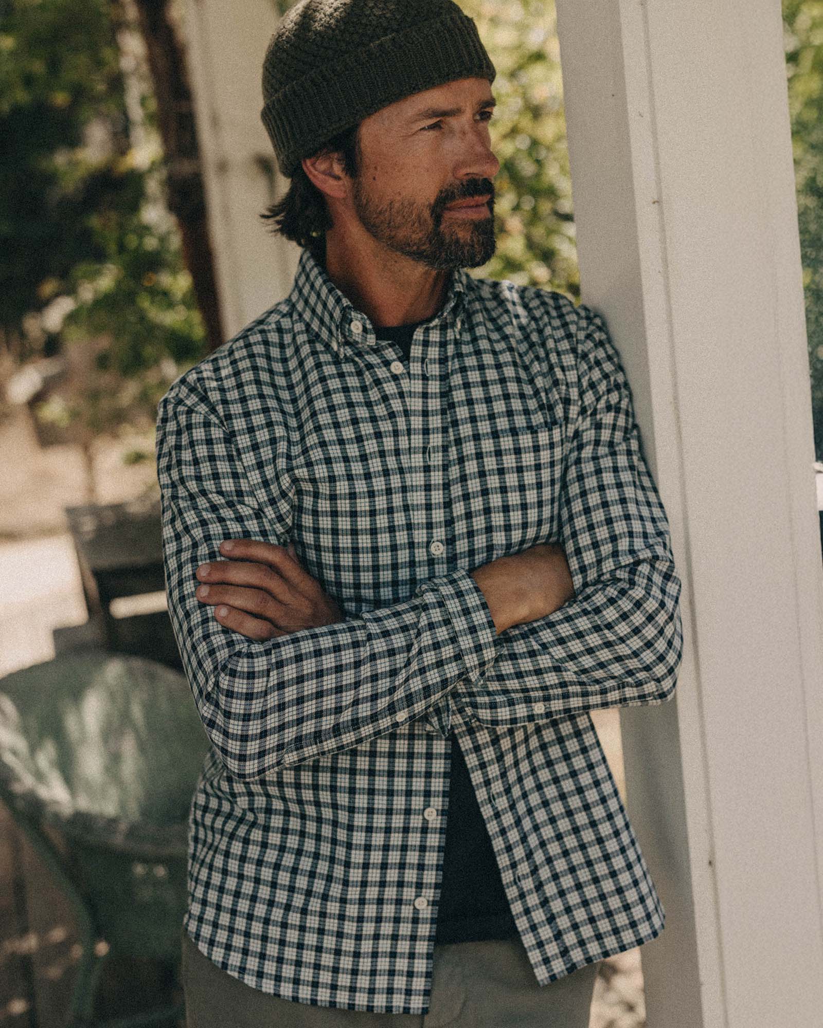 fit model posing in The Jack in Indigo Micro Check Oxford, Wovens by Taylor Stitch