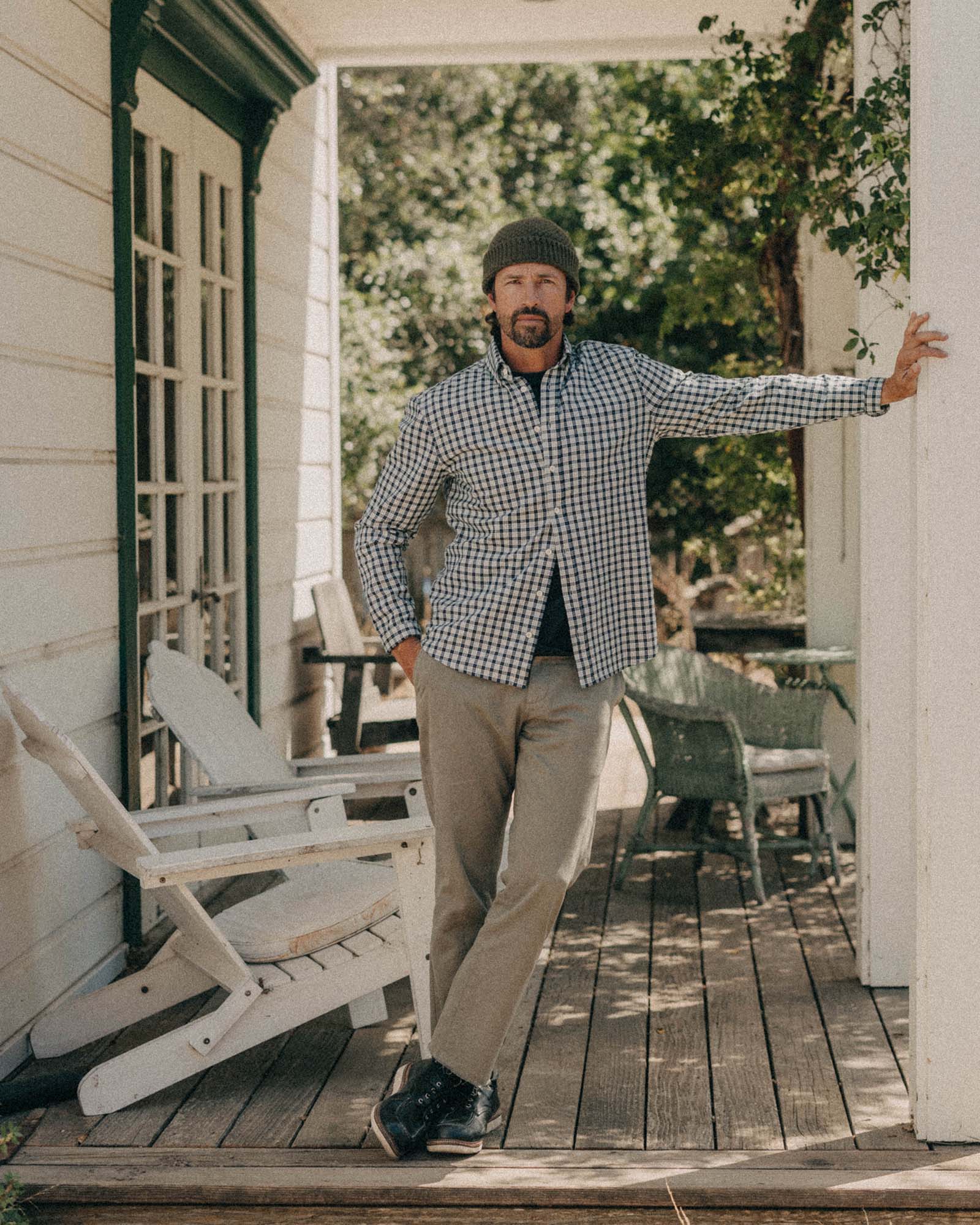 fit model showing off The Jack in Indigo Micro Check Oxford, Wovens by Taylor Stitch