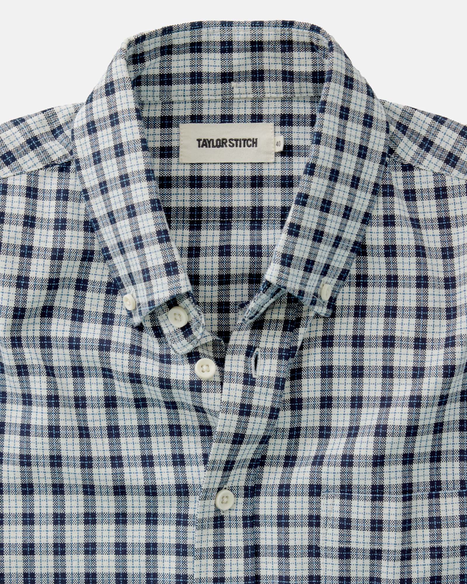 material shot of the collar on The Jack in Indigo Micro Check Oxford, Wovens by Taylor Stitch