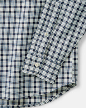 material shot of the sleeve on The Jack in Indigo Micro Check Oxford, Wovens by Taylor Stitch