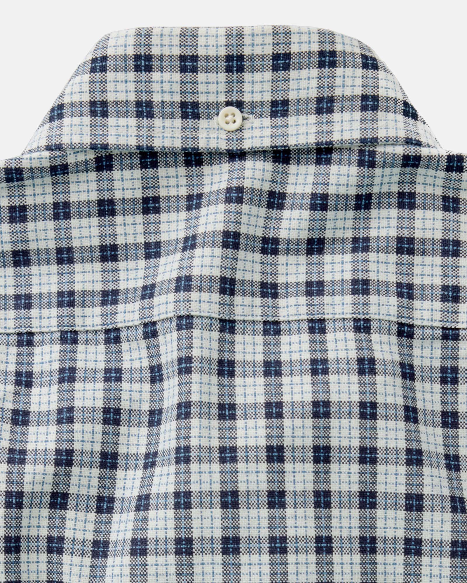 material shot of the collar on The Jack in Indigo Micro Check Oxford, Wovens by Taylor Stitch