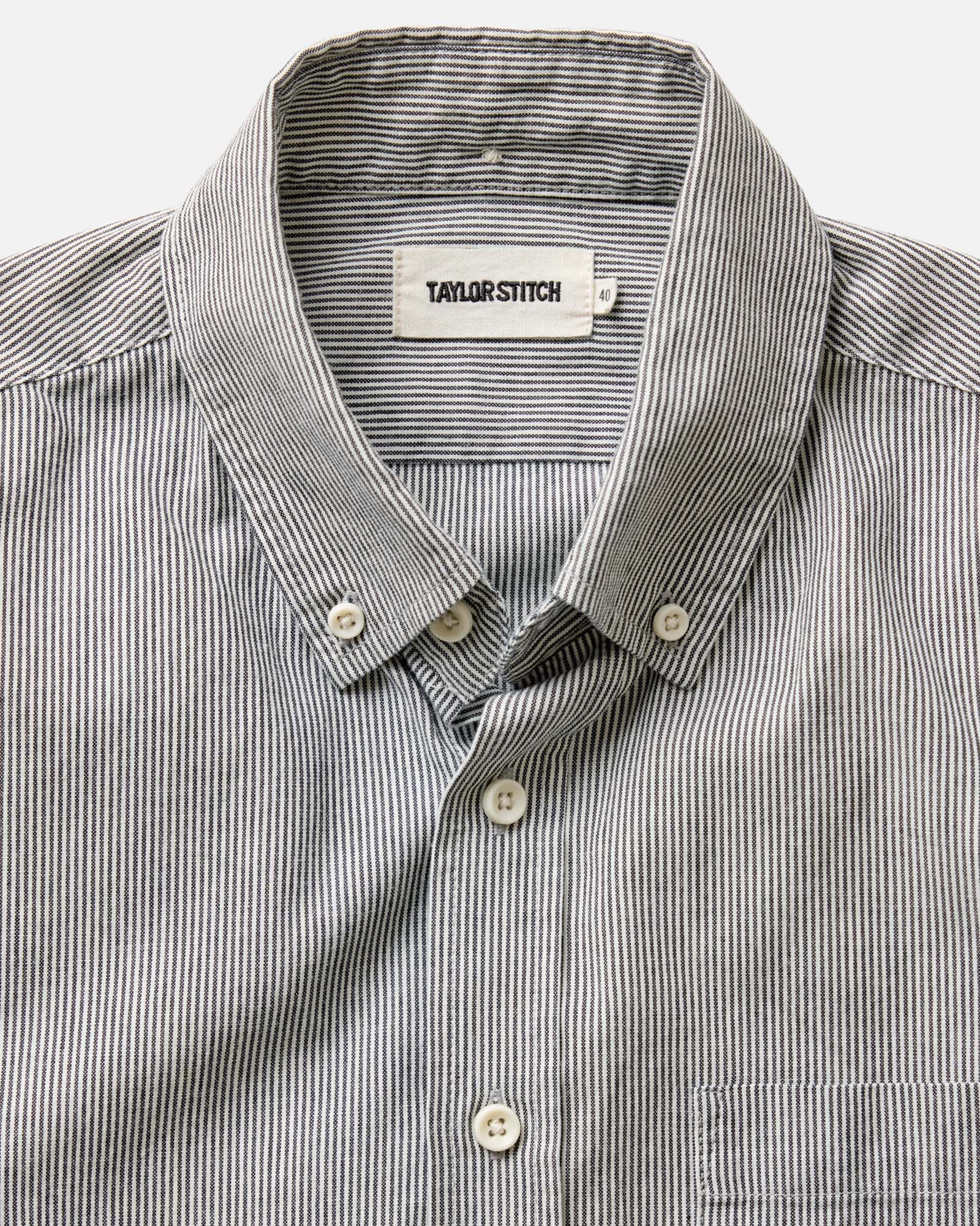 material shot of the collar on The Jack in Rinsed Indigo Stripe Chambray, Wovens by Taylor Stitch
