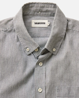 material shot of the collar on The Jack in Rinsed Indigo Stripe Chambray, Wovens by Taylor Stitch