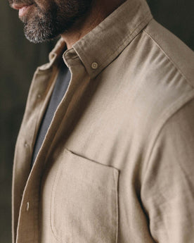 fit model showing off The Jack in Sand Herringbone, Wovens by Taylor Stitch