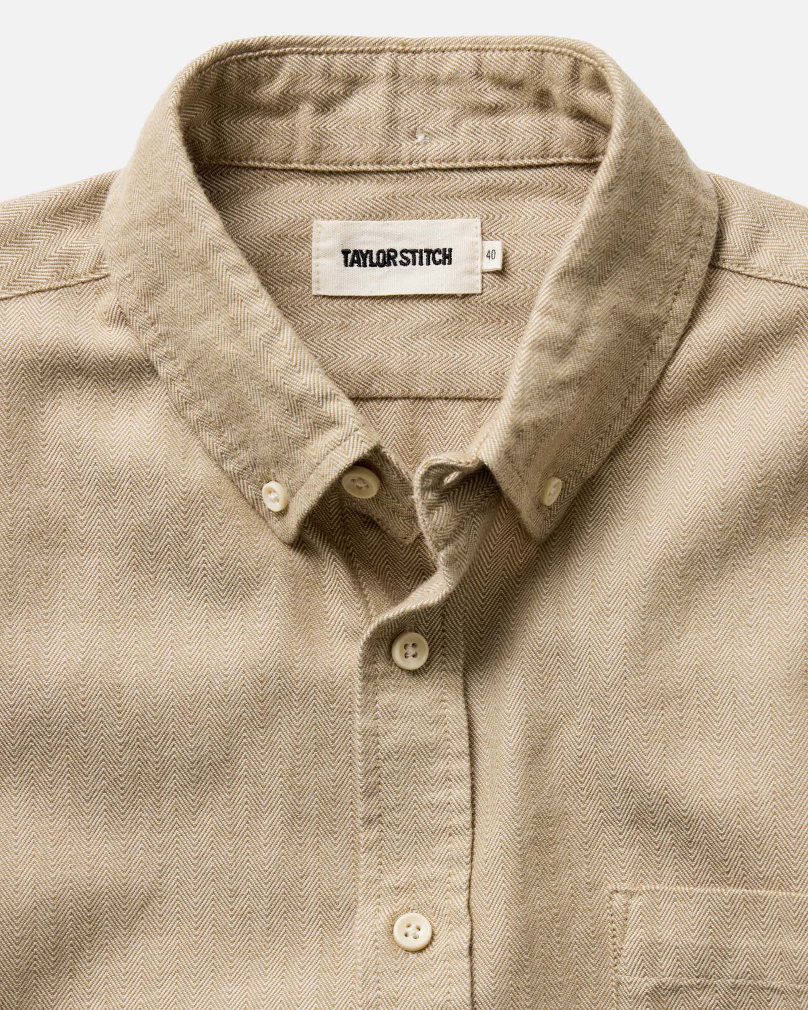 material shot of the collar on The Jack in Sand Herringbone, Wovens by Taylor Stitch