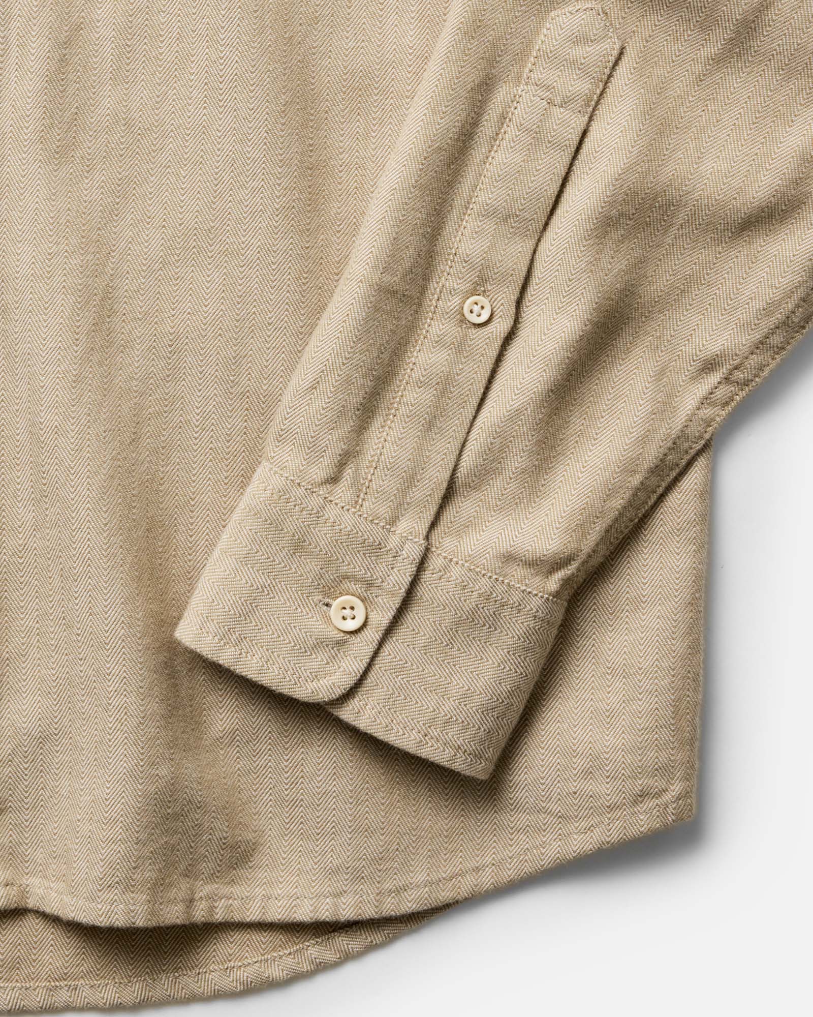 material shot of the sleeve on The Jack in Sand Herringbone, Wovens by Taylor Stitch