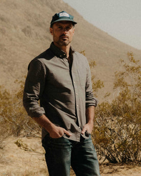 fit model showing the front of The Jack in Smoke Oxford, Wovens by Taylor Stitch