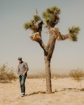fit model walking in The Jack in Smoke Oxford, Wovens by Taylor Stitch