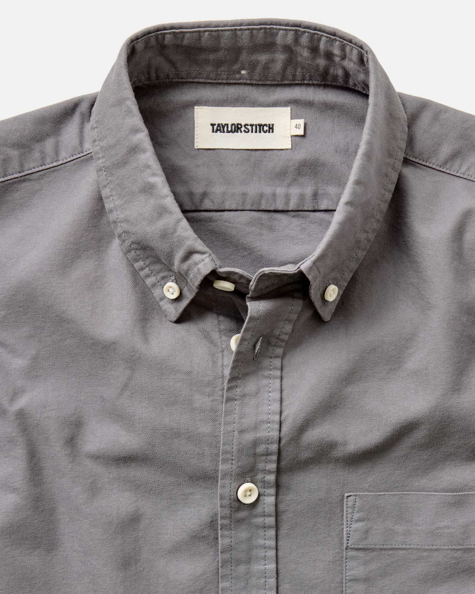 flatlay of The Jack in Smoke Oxford, shown in full, Wovens by Taylor Stitch