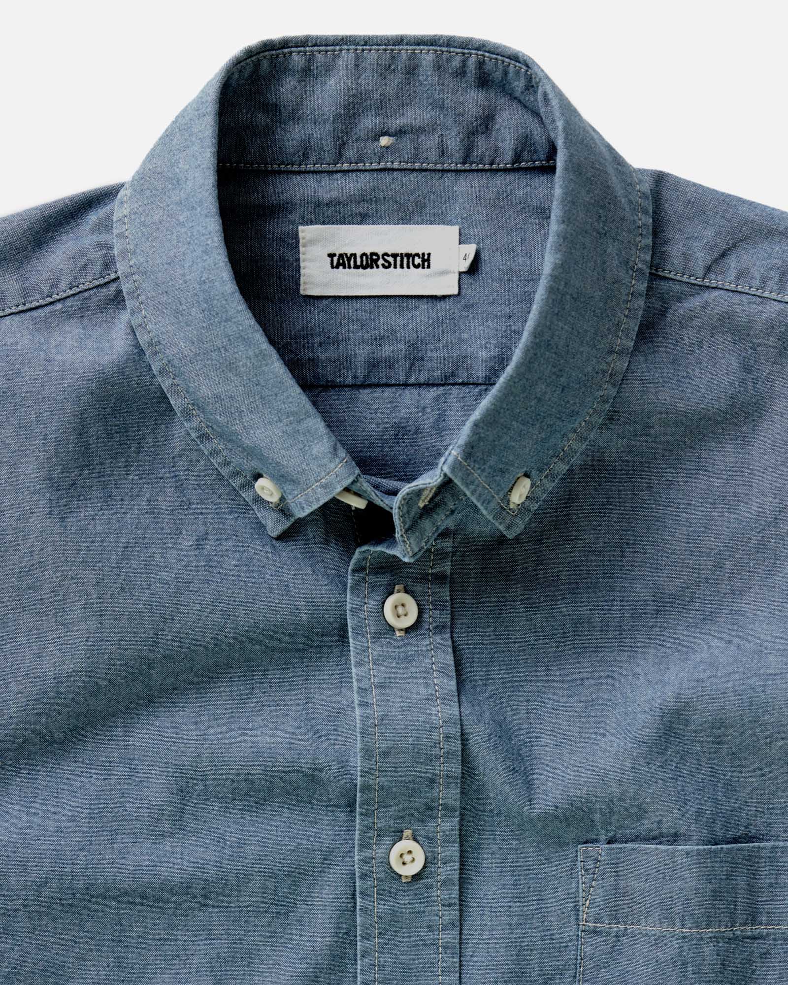 material shot of the collar on The Jack in Washed Indigo Chambray, Wovens by Taylor Stitch