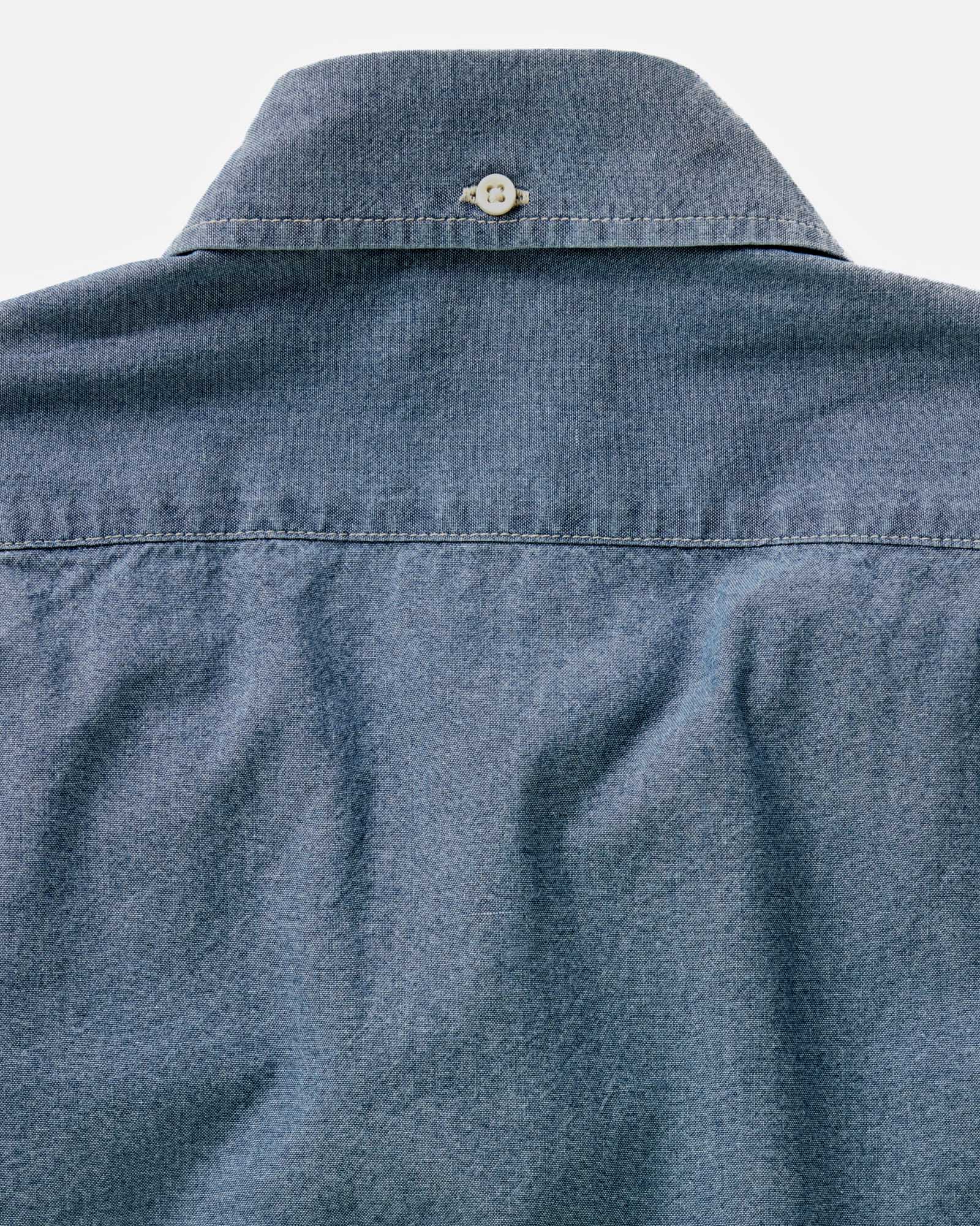 material shot of the back collar on The Jack in Washed Indigo Chambray, Wovens by Taylor Stitch