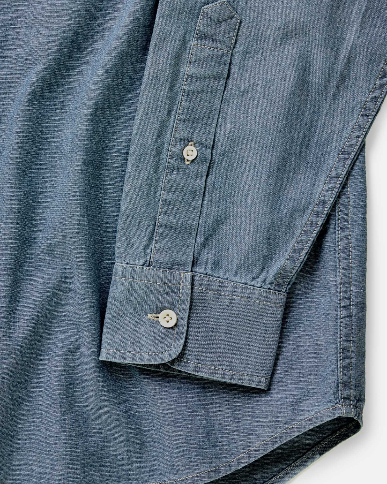 material shot of the sleeves on The Jack in Washed Indigo Chambray, Wovens by Taylor Stitch
