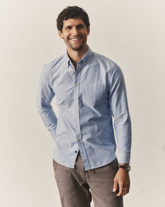 fit model with his hand in his pocket wearing The Jack in Blue Everyday Oxford