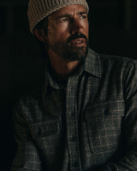 fit model showing off The Ledge Shirt in Coal Plaid, Wovens by Taylor Stitch