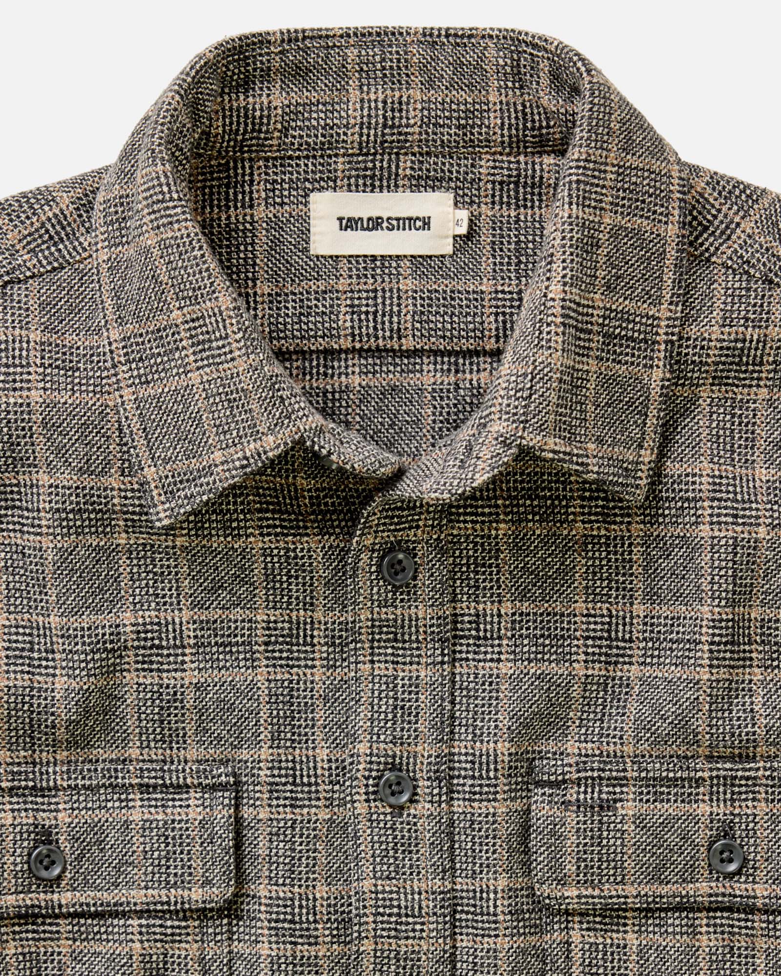 material shot of the collar on The Ledge Shirt in Coal Plaid, Wovens by Taylor Stitch