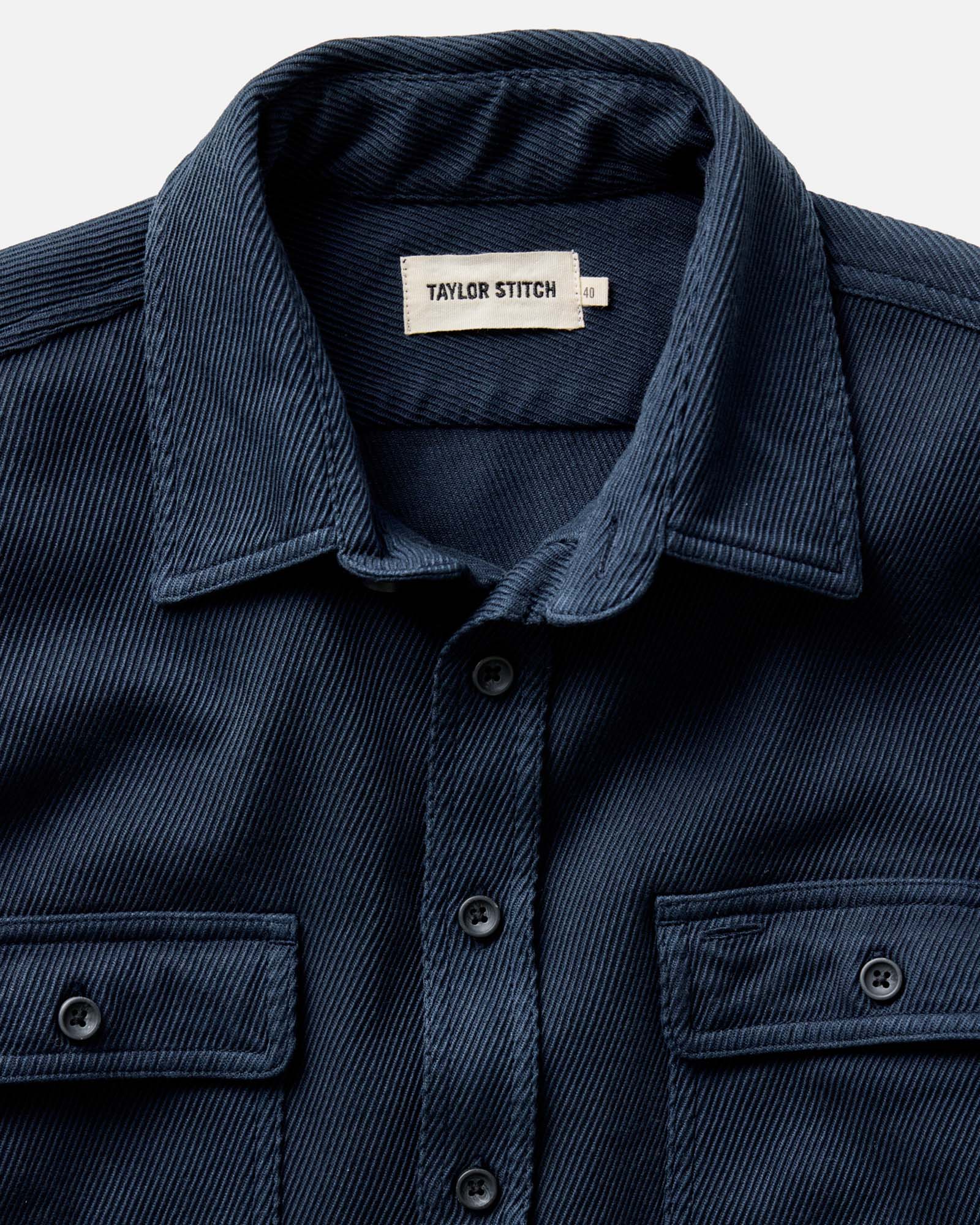material shot of the collar on The Ledge Shirt in Dark Navy Twill, Wovens by Taylor Stitch