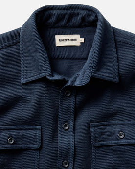 material shot of the collar on The Ledge Shirt in Dark Navy Twill, Wovens by Taylor Stitch