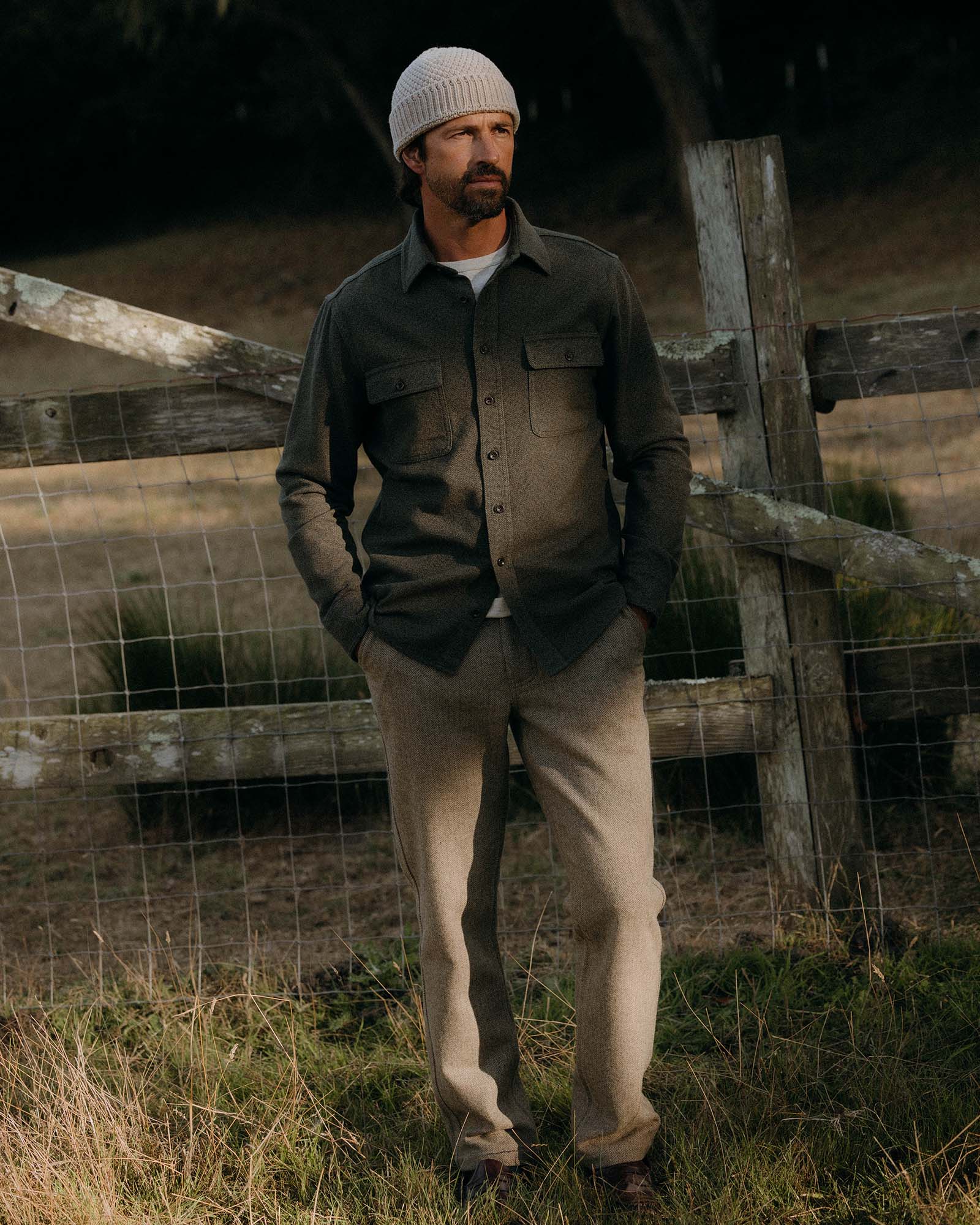 fit model posing in The Ledge Shirt in Pine Twist, Wovens by Taylor Stitch