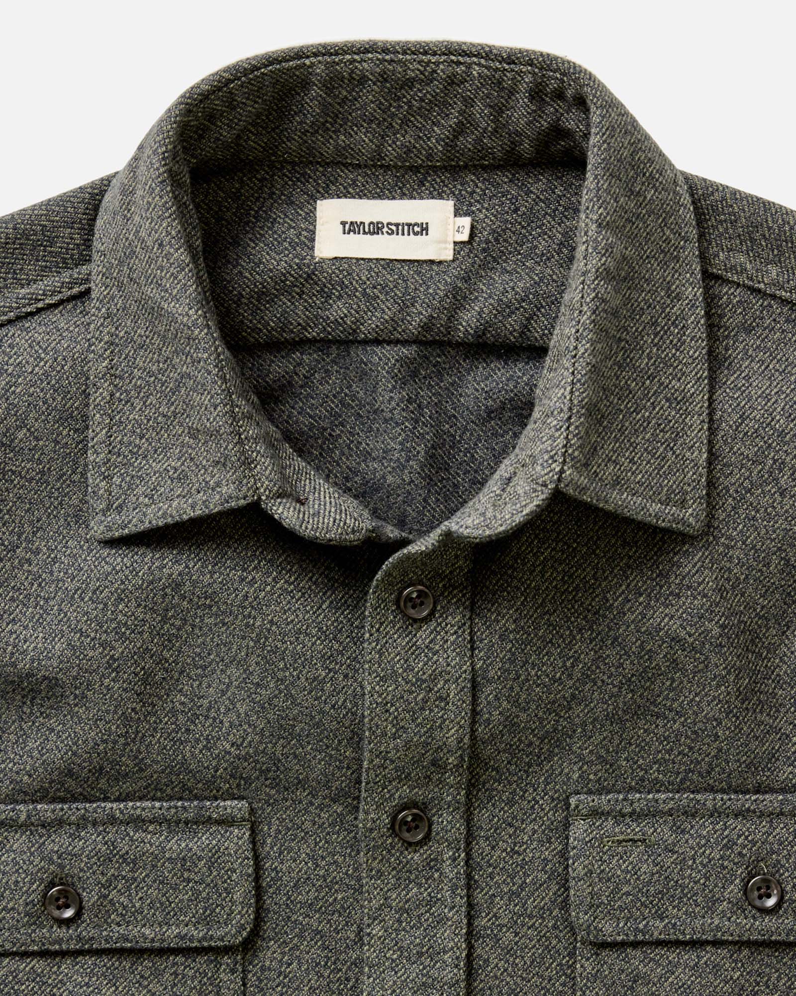 material shot of the collar on The Ledge Shirt in Pine Twist, Wovens by Taylor Stitch