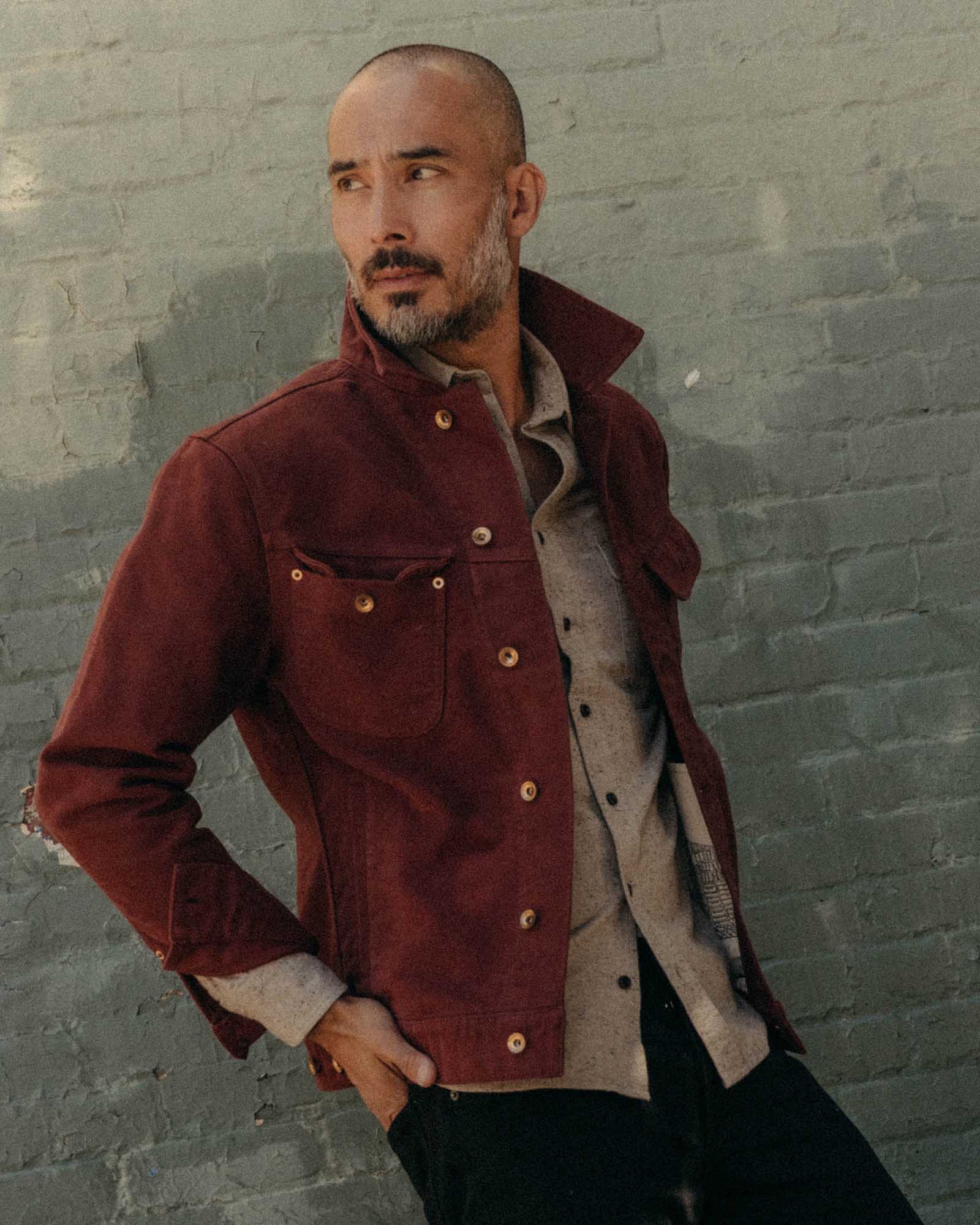 fit model posing in The Long Haul Jacket in Dried Cherry Moleskin, Outerwear by Taylor Stitch